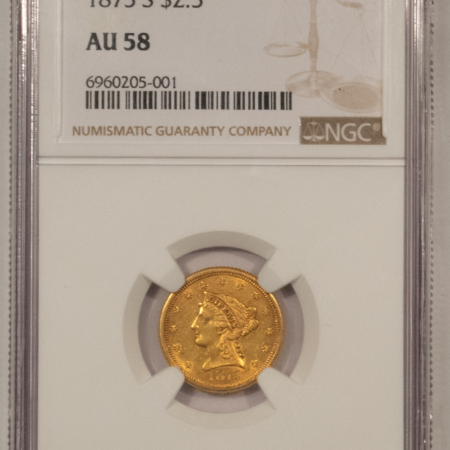 $2.50 1875-S $2.50 LIBERTY GOLD QUARTER EAGLE – NGC AU-58, RARE & POPULAR DATE!