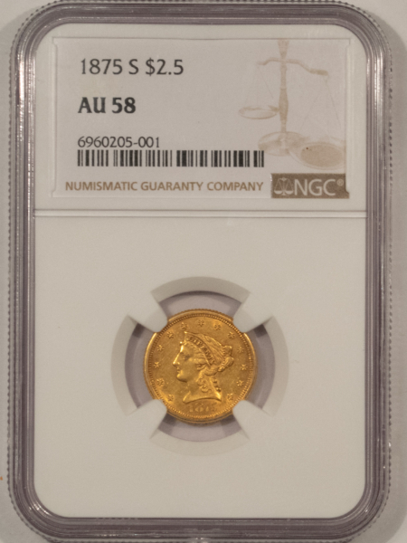 $2.50 1875-S $2.50 LIBERTY GOLD QUARTER EAGLE – NGC AU-58, RARE & POPULAR DATE!
