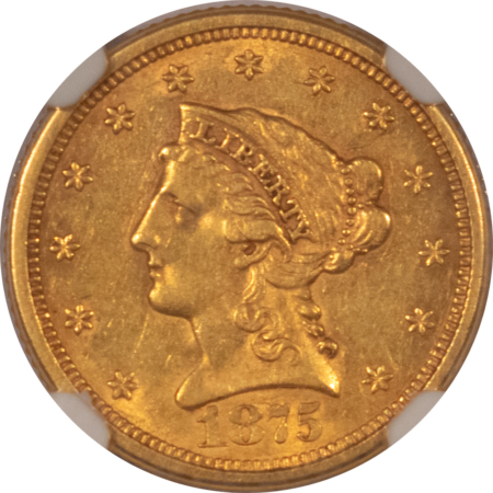 $2.50 1875-S $2.50 LIBERTY GOLD QUARTER EAGLE – NGC AU-58, RARE & POPULAR DATE!