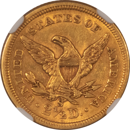 $2.50 1875-S $2.50 LIBERTY GOLD QUARTER EAGLE – NGC AU-58, RARE & POPULAR DATE!