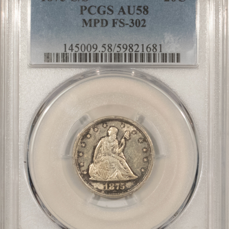 New Certified Coins 1875-S/S TWENTY CENT PIECE, MPD FS-302 – PCGS AU-58, FRESH & PREMIUM QUALITY!