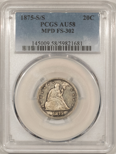 New Certified Coins 1875-S/S TWENTY CENT PIECE, MPD FS-302 – PCGS AU-58, FRESH & PREMIUM QUALITY!