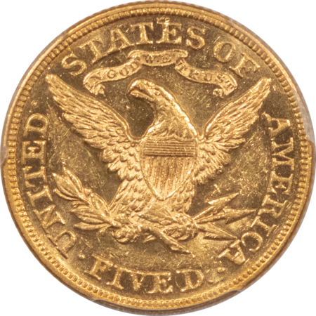 $5 1877 $5 LIBERTY GOLD HALF EAGLE – PCGS AU-58, RARE DATE!