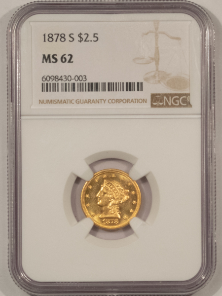 $2.50 1878-S $2.50 LIBERTY GOLD QUARTER EAGLE – NGC MS-62, SCARCE BUT AFFORDABLE!