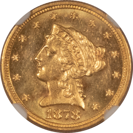 $2.50 1878-S $2.50 LIBERTY GOLD QUARTER EAGLE – NGC MS-62, SCARCE BUT AFFORDABLE!