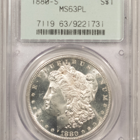Dollars 1880-S $1 MORGAN DOLLAR – PCGS MS-63 PL, 2 PIECE OLD GREEN HOLDER, LOOKS DMPL!
