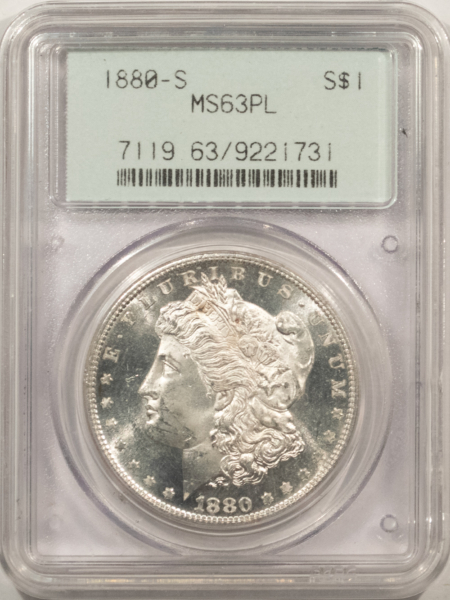 Dollars 1880-S $1 MORGAN DOLLAR – PCGS MS-63 PL, 2 PIECE OLD GREEN HOLDER, LOOKS DMPL!
