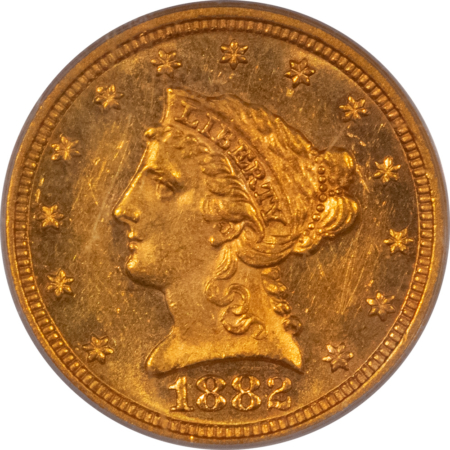 $2.50 1882 $2.50 LIBERTY GOLD QUARTER EAGLE – PCGS MS-62, SCARCE! MINTAGE ONLY 4000!