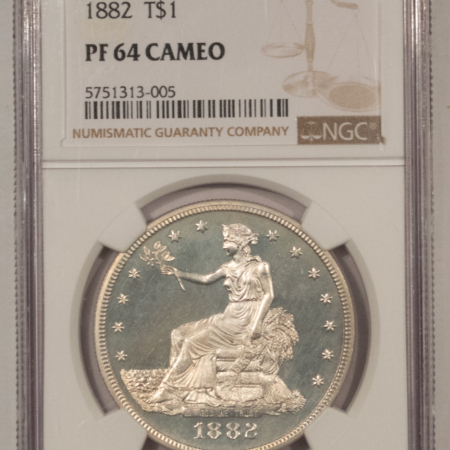 Dollars 1882 $1 PROOF TRADE DOLLAR – NGC PF-64 CAMEO, NICE CONTRAST W/ LIGHT PATINA!