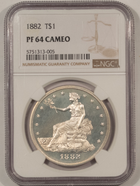Dollars 1882 $1 PROOF TRADE DOLLAR – NGC PF-64 CAMEO, NICE CONTRAST W/ LIGHT PATINA!