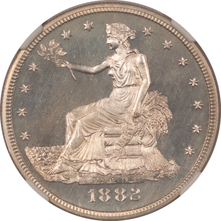 Dollars 1882 $1 PROOF TRADE DOLLAR – NGC PF-64 CAMEO, NICE CONTRAST W/ LIGHT PATINA!