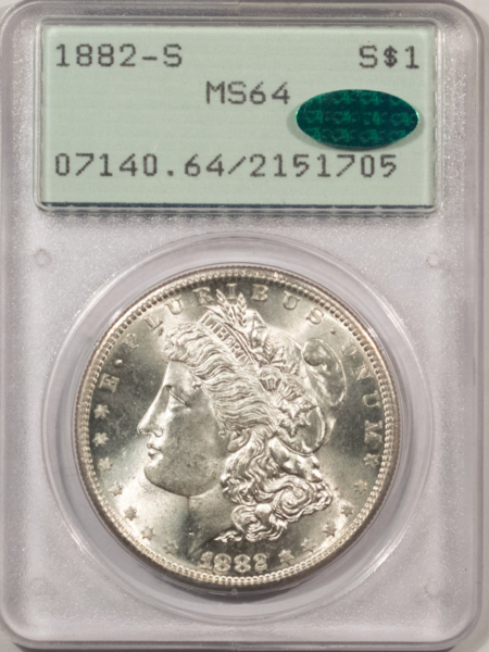 CAC Approved Coins 1882-S $1 MORGAN DOLLAR – PCGS MS-64, RATTLER HOLDER & CAC APPROVED!