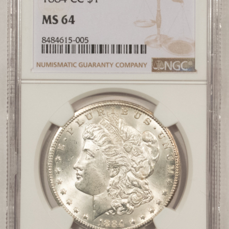 Dollars 1884-CC $1 MORGAN DOLLAR – NGC MS-64, SNOW WHITE, NEARLY GEM! CARSON CITY!