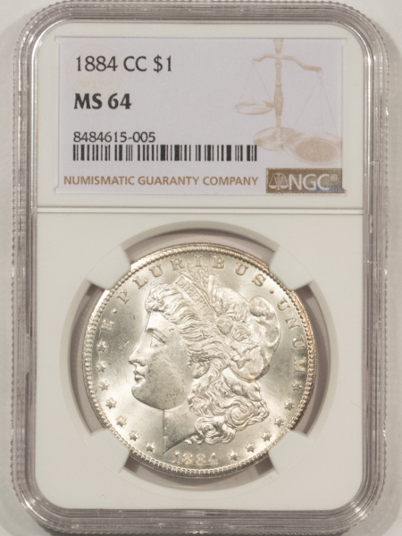 Dollars 1884-CC $1 MORGAN DOLLAR – NGC MS-64, SNOW WHITE, NEARLY GEM! CARSON CITY!