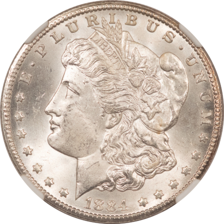 Dollars 1884-CC $1 MORGAN DOLLAR – NGC MS-64, SNOW WHITE, NEARLY GEM! CARSON CITY!