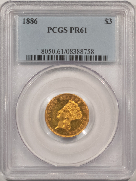 $3 1886 $3 PROOF GOLD PRINCESS – PCGS PR-61, RARE! 142 MINTAGE! UNDER 100 KNOWN!