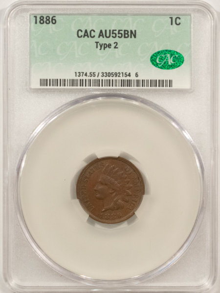 CAC Approved Coins 1886 INDIAN CENT, TYPE 2 – CACG AU-55 BN, CAC APPROVED!