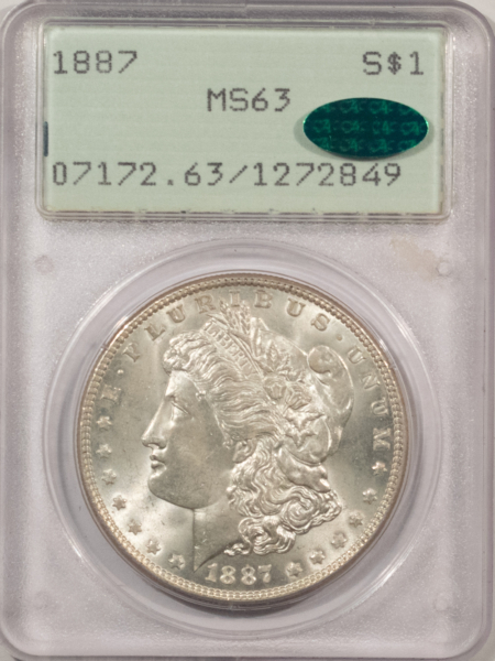 CAC Approved Coins 1887 $1 MORGAN DOLLAR – PCGS MS-63, RATTLER HOLDER! CAC APPROVED!