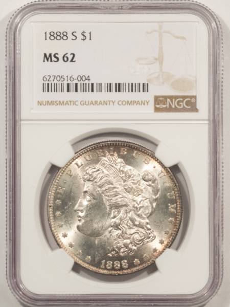 Dollars 1888-S $1 MORGAN DOLLAR – NGC MS-62, FROSTY AND FRESH!
