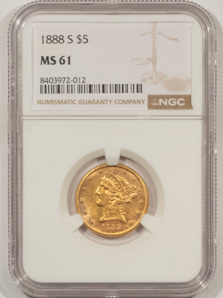 $5 1888-S $5 LIBERTY GOLD HALF EAGLE – NGC MS-61, BETTER DATE!