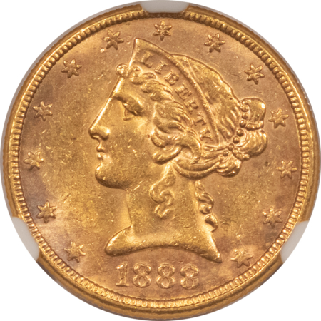 $5 1888-S $5 LIBERTY GOLD HALF EAGLE – NGC MS-61, BETTER DATE!