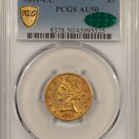 $5 1891-CC $5 LIBERTY GOLD HALF EAGLE – PCGS AU-50, CAC APPROVED! CARSON CITY!
