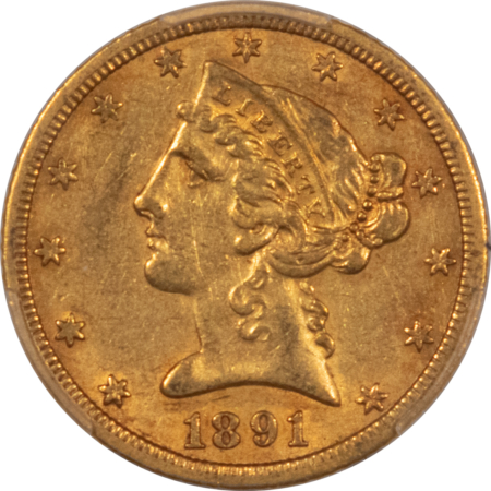$5 1891-CC $5 LIBERTY GOLD HALF EAGLE – PCGS AU-50, CAC APPROVED! CARSON CITY!