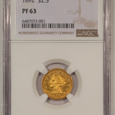 $2.50 1892 $2.50 PROOF LIBERTY GOLD QUARTER EAGLE – NGC PF-63, CHOICE PROOF!