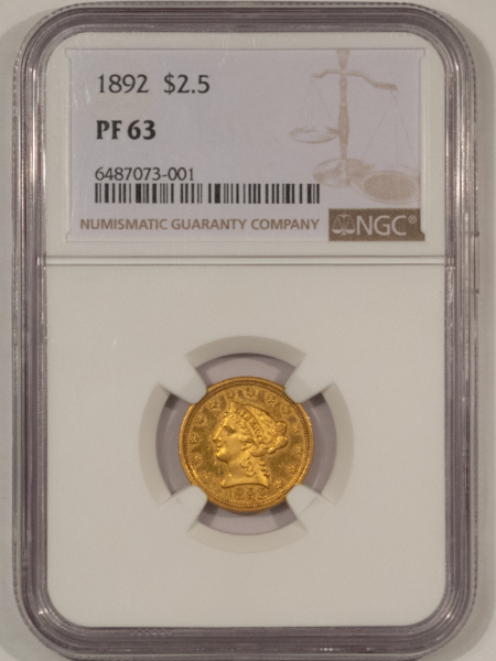 $2.50 1892 $2.50 PROOF LIBERTY GOLD QUARTER EAGLE – NGC PF-63, CHOICE PROOF!