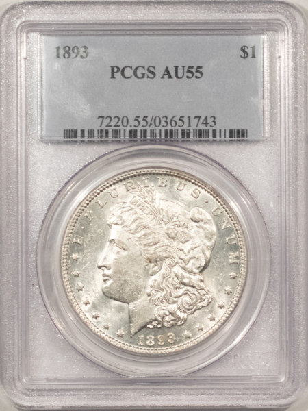 Dollars 1893 $1 MORGAN DOLLAR – PCGS AU-55, LOOKS 58, PREMIUM QUALITY!