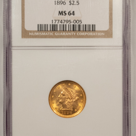 $2.50 1896 $2.50 LIBERTY GOLD QUARTER EAGLE – NGC MS-64, FLASHY & TOUGH!