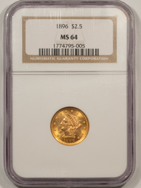 $2.50 1896 $2.50 LIBERTY GOLD QUARTER EAGLE – NGC MS-64, FLASHY & TOUGH!