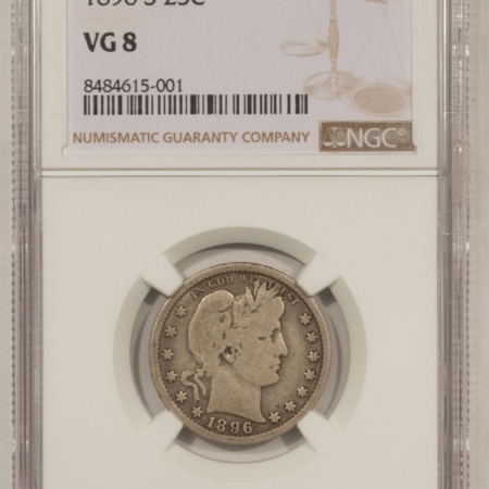 Barber Quarters 1896-S BARBER QUARTER – NGC VG-8, SUPER ORIGINAL, KEY-DATE!