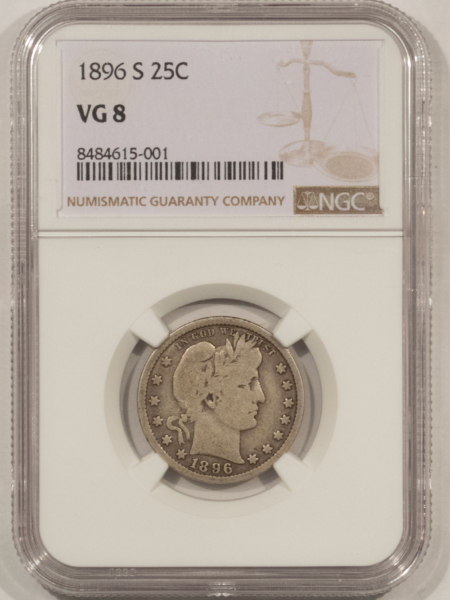 Barber Quarters 1896-S BARBER QUARTER – NGC VG-8, SUPER ORIGINAL, KEY-DATE!
