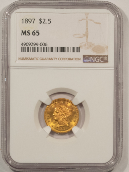 $2.50 1897 $2.50 LIBERTY GOLD QUARTER EAGLE – NGC MS-65, FRESH GEM!