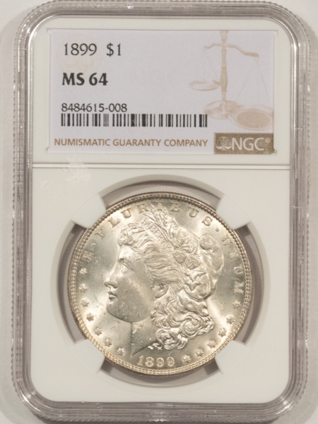 Dollars 1899 $1 MORGAN DOLLAR – NGC MS-64, WHITE & LUSTROUS! LOW MINTAGE DATE!