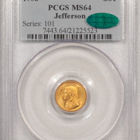 CAC Approved Coins 1903 $1 JEFFERSON GOLD COMMEMORATIVE – PCGS MS-64, OLDER HOLDER, PQ & CAC!