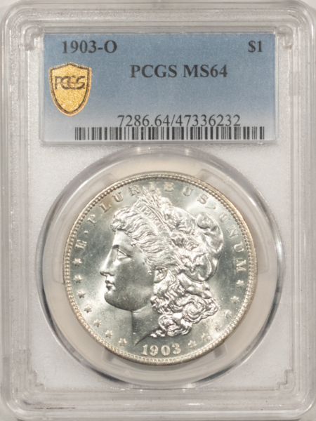 Dollars 1903-O $1 MORGAN DOLLAR – PCGS MS-64, BLAZING WHITE, PREMIUM GEM QUALITY!