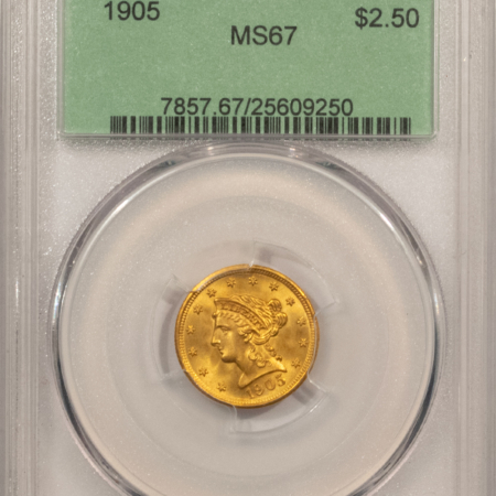 $2.50 1905 $2.50 LIBERTY GOLD QUARTER EAGLE – PCGS MS-67, SUPERB! WOW!