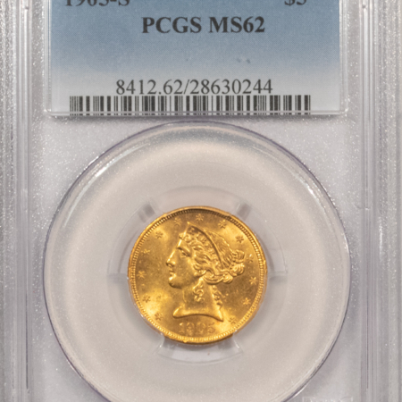 $5 1905-S $5 LIBERTY GOLD HALF EAGLE – PCGS MS-62, SUPER FLASHY! SCARCE ANY HIGHER!