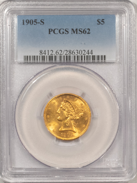 $5 1905-S $5 LIBERTY GOLD HALF EAGLE – PCGS MS-62, SUPER FLASHY! SCARCE ANY HIGHER!
