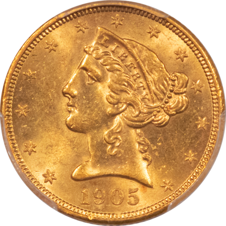 $5 1905-S $5 LIBERTY GOLD HALF EAGLE – PCGS MS-62, SUPER FLASHY! SCARCE ANY HIGHER!