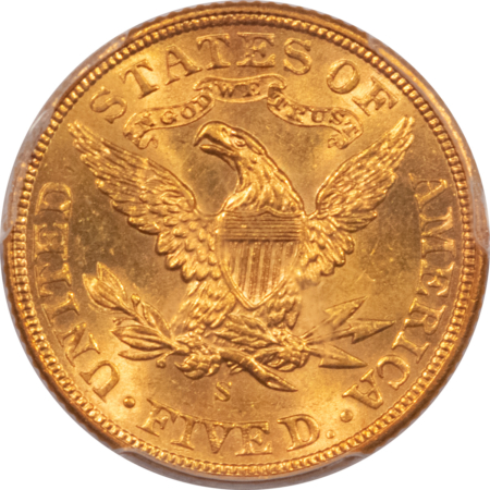 $5 1905-S $5 LIBERTY GOLD HALF EAGLE – PCGS MS-62, SUPER FLASHY! SCARCE ANY HIGHER!