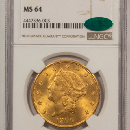 $20 1906-D $20 LIBERTY GOLD DOUBLE EAGLE NGC MS-64 CAC PQ, FRESH, FLASHY! 1ST DENVER