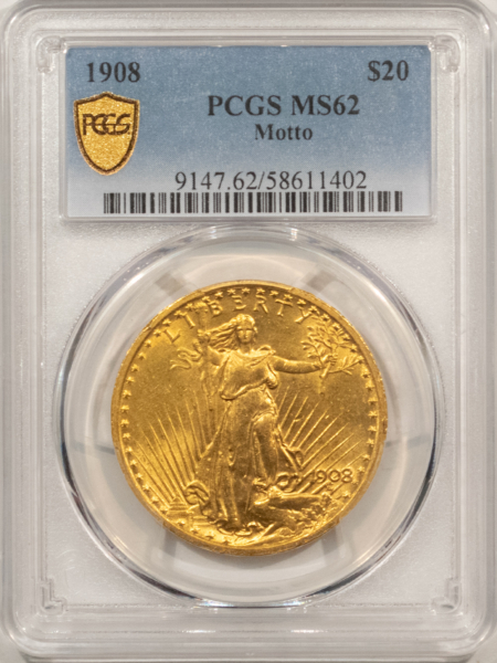 $20 1908 $20 ST GAUDENS GOLD DOUBLE EAGLE, MOTTO – PCGS MS-62!