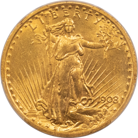 $20 1908 $20 ST GAUDENS GOLD DOUBLE EAGLE, MOTTO – PCGS MS-62!