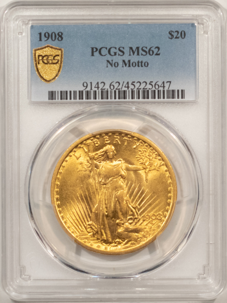 $20 1908 $20 ST GAUDENS GOLD DOUBLE EAGLE, NO MOTTO – PCGS MS-62!