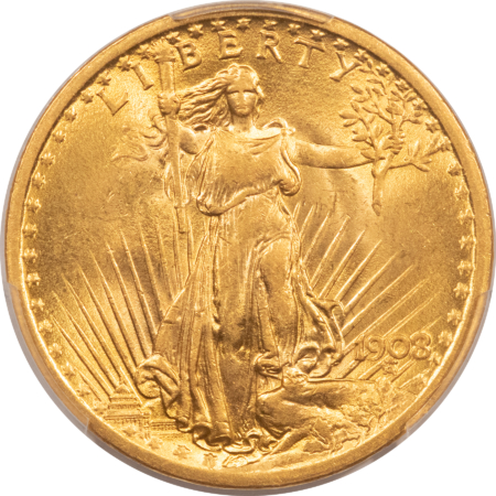$20 1908 $20 ST GAUDENS GOLD DOUBLE EAGLE, NO MOTTO – PCGS MS-62!
