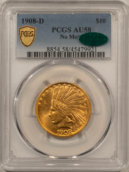 $10 1908-D $10 INDIAN GOLD EAGLE, NO MOTTO – PCGS AU-58, FLASHY, PQ & CAC APPROVED!