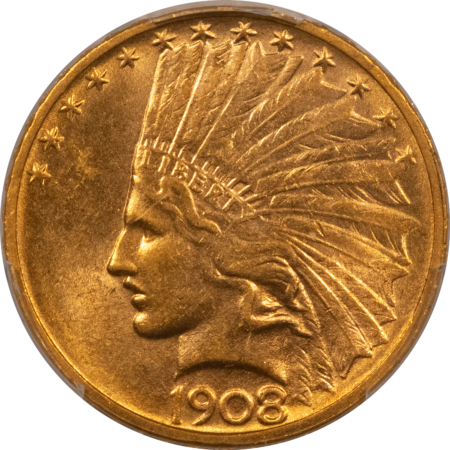 $10 1908-D $10 INDIAN GOLD EAGLE, NO MOTTO – PCGS AU-58, FLASHY, PQ & CAC APPROVED!